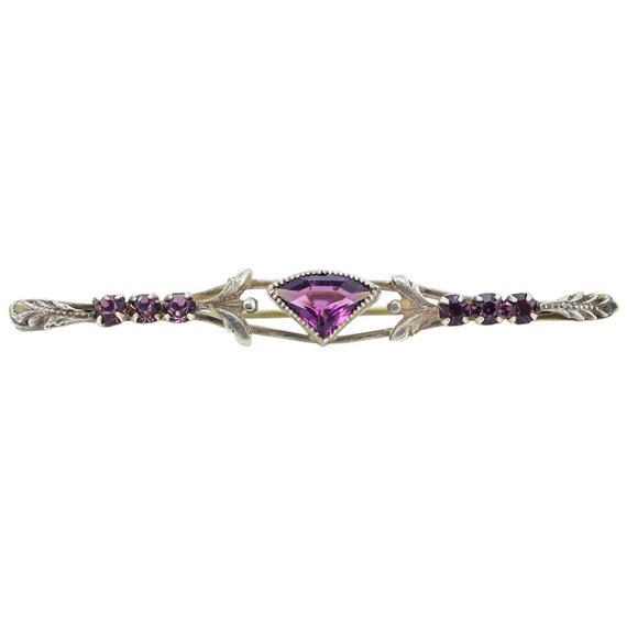 Antique Purple Glass Bar Brooch Fan Cut Leaf Motif Late Victorian Edwardian - Picture 1 of 8